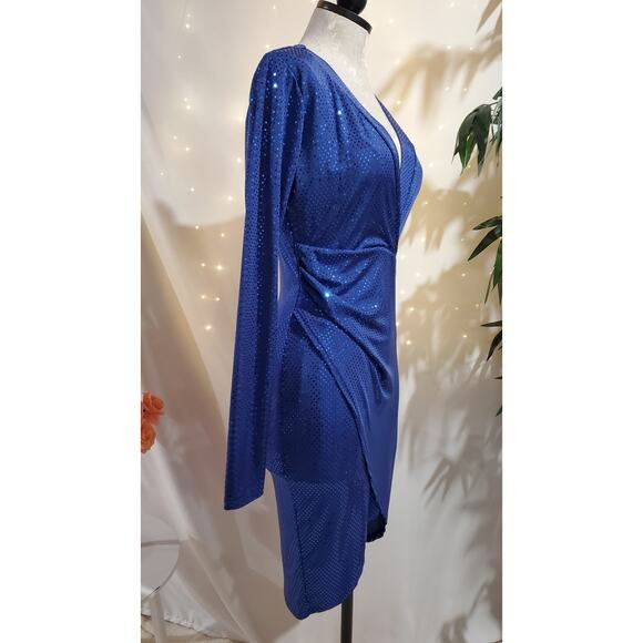 Symphony Vtg Y2K Mirror Sequin Sparkle Tulip Hem Faux Wrap Dress Size M Blue - Picture 2 of 10